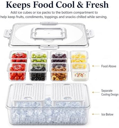 Upgraded 8-Compartment Chilled Condiment Server with Carry Handle, Large Cocktail Garnish Tray, Portable Fruit Tray with Ice Bottom, Cook Out Essentials for BBQ, Taco Bar, Camping