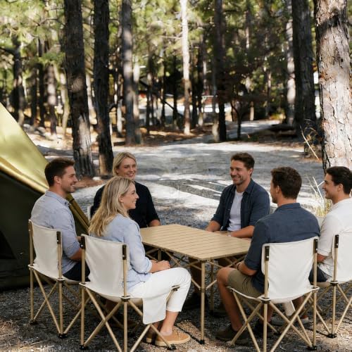 Camping Table with 6 Chairs, Portable Folding Picnic Table Set-Beige
