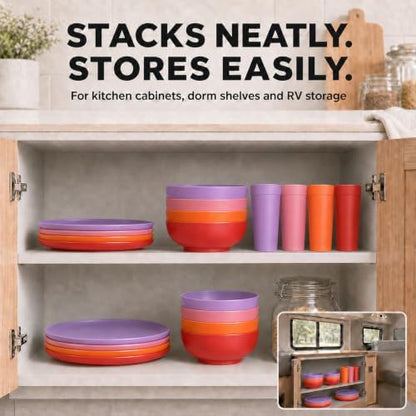 28 Piece Plates and Bowls Sets for 4, Kitchen Dinnerware Sets, Plastic