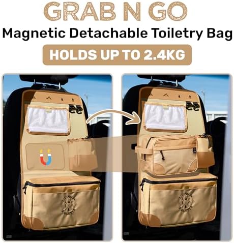 Living in a Bubble Seat back Organizer – Magnetic Toiletry and Cooler Pouch, Cordura Car Backseat Storage with Device Holder & Hooks, Multi-Compartment Utility Bag for Campervans & Family Travel