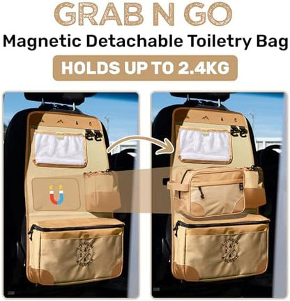 Living in a Bubble Seat back Organizer – Magnetic Toiletry and Cooler Pouch, Cordura Car Backseat Storage with Device Holder & Hooks, Multi-Compartment Utility Bag for Campervans & Family Travel