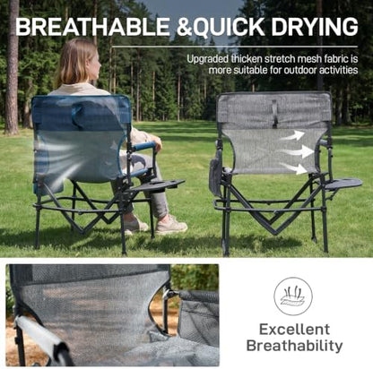EVER ADVANCED Camping Directors' Chair with Side Table, Portable Folding with Compact Size, Breathable & Quick Dry Design Heavy Duty Lawn Chair with Pocket, 400lbs, Elastic Mesh, Grey