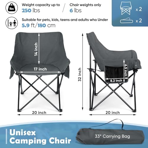 HaSteeL Camping Chair for Adults, Compact Folding Portable Chairs Set with Side Pockets for Outdoors Fishing, Hiking, Backpacking, Picnic, Beach, Travel, Supports to 250lbs, & Storage Bags (Grey)