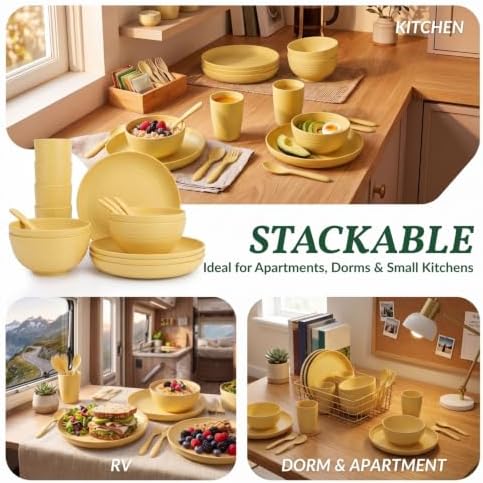 Wheat Straw Dinnerware Sets, Homienly 20pcs Unbreakable Microwave Dishwasher Safe Tableware Lightweight Bowls, Cups, Plates Set Reusable Dinner Plates Bowls set (Yellow)