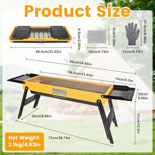 Portable Charcoal Grill Stainless Steel, Small Foldable BBQ Suitcase with Portable Side Shelves & Heat Resistant, Lightweight Tabletop Barbecue for Camping Picnic Backyard Beach Travel