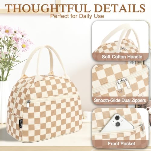 FlowFly Lunch Bag for Women Insulated Lunch Box Corduroy Lunch Tote Cooler for Travel Work Picnic,Corduroy Plaid Khaki