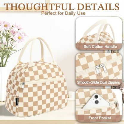FlowFly Lunch Bag for Women Insulated Lunch Box Corduroy Lunch Tote Cooler for Travel Work Picnic,Corduroy Plaid Khaki