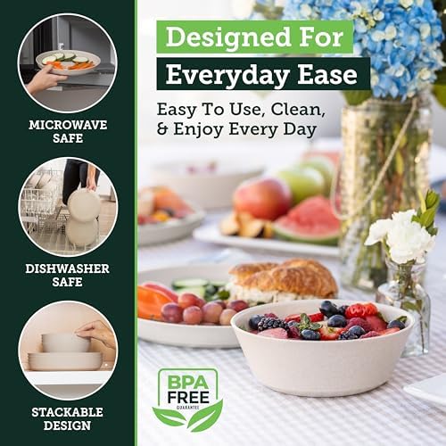 Grow Forward Premium Wheat Straw Plates and Bowls Sets - 8-Piece Wheat Straw Dinnerware Sets - Unbreakable & Reusable Microwave Safe Plastic Dinner Plates for Outdoors, RV, Camping Dishes - Sahara