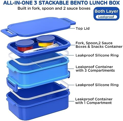 DaCool Bento Box Adults Lunch Container - 74 OZ Stackable Leakproof Bento Lunch Box for Adults Men Boys Teens Large Lunch Box Containers with Fork Spoon Sauce Boxes for Work School Dining Out, Blue