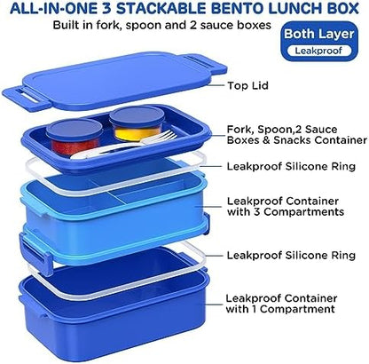 DaCool Bento Box Adults Lunch Container - 74 OZ Stackable Leakproof Bento Lunch Box for Adults Men Boys Teens Large Lunch Box Containers with Fork Spoon Sauce Boxes for Work School Dining Out, Blue