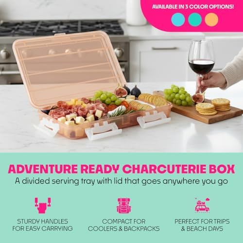 SubSafe Charcuterie Safe - BPA-Free, Food Safe Charcuterie Board with Lid & Handle - Portable Snack Tray Organizer with Dividers, Mini Containers & Cheese Knife - Dishwasher Safe - Peach Fizz