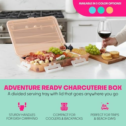 SubSafe Charcuterie Safe - BPA-Free, Food Safe Charcuterie Board with Lid & Handle - Portable Snack Tray Organizer with Dividers, Mini Containers & Cheese Knife - Dishwasher Safe - Peach Fizz