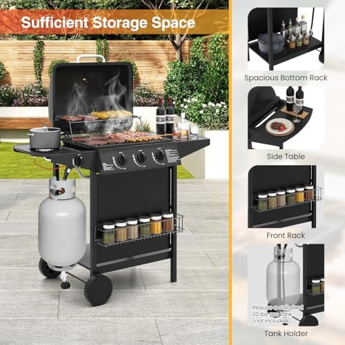 Happygrill 3 + 1 Burner Propane Gas Grill with Storage Shelves & Wheels