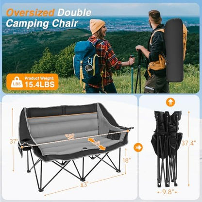 Suteck Double Camping Chair, 660lbs Oversized Camping Couch w/Independent Seats, Folding Camping Loveseat w/2 Cup & Wine Glass Holders, 1200D Oxford, Side Pocket & Carry Bag, for Camping, Lawn, Patio
