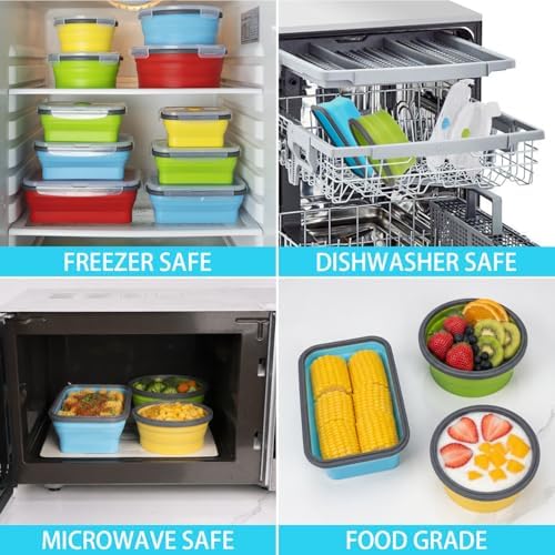Collapsible Food Storage Containers with Lid & Air Vent, 8 Pack, 4 Rectangular + 4 Round, Annaklin Foldable Silicone Lunch Containers Collapsible Bowls Set, Microwave Freezer Dishwasher Safe, 4 Colors