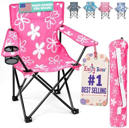 Emily Rose Kids Pink Folding Beach Camp Chair with Cup Holder Safety Lock & Carry Case - Toddler Girls Chair Ages 2-7 Indoor Outdoor Lightweight Portable - Floral Design 125lb Capacity