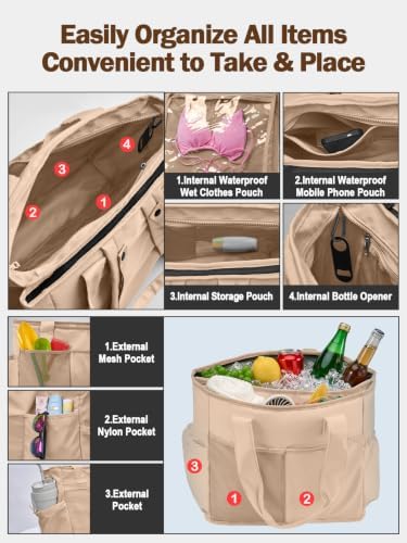 Odoland 2-in-1 Beach Cooler Bag-24 Can + 13L Dry Storage 12H Insulated