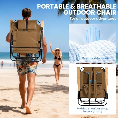 2 Pack Premium 5-Position Reclining Camping Chair - Portable Folding Lightweight Outdoor Chair with Wooden Armrests, Headrest & Pockets, 350lbs Heavy Duty for Beach, Patio, Backyard, Brown