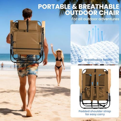 2 Pack Premium 5-Position Reclining Camping Chair - Portable Folding Lightweight Outdoor Chair with Wooden Armrests, Headrest & Pockets, 350lbs Heavy Duty for Beach, Patio, Backyard, Brown