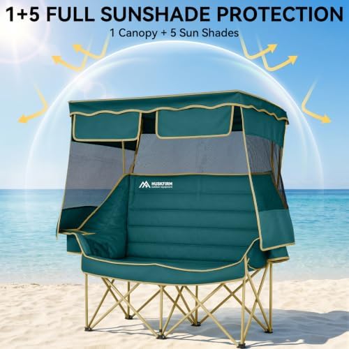 Huskfirm Double Camping Chair with Canopy Shade Folding Heavy Duty Green