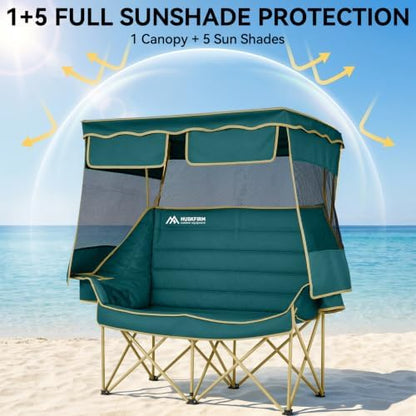 Huskfirm Double Camping Chair with Canopy Shade Folding Heavy Duty Green