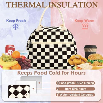 FlowFly Lunch Bag for Women Insulated Lunch Box Corduroy Lunch Tote Cooler for Travel Work Picnic,Corduroy Plaid Black