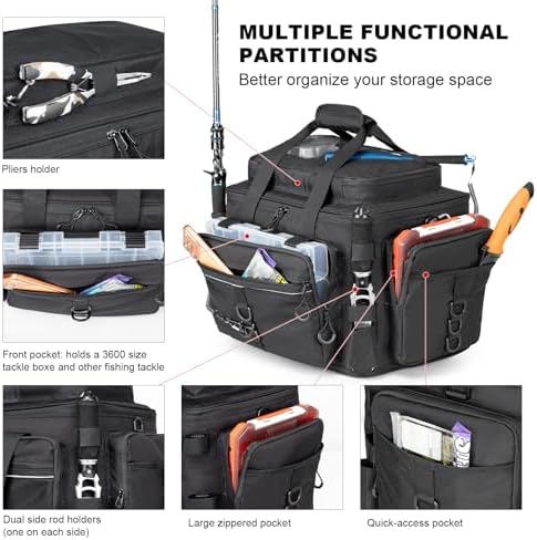 Rabjen Fishing Tackle Bag with Rod Holders & Cooler Main Compartment – Large Capacity Fishing Bag for Organized Gear Storage