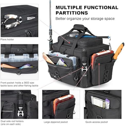 Rabjen Fishing Tackle Bag with Rod Holders & Cooler Main Compartment – Large Capacity Fishing Bag for Organized Gear Storage