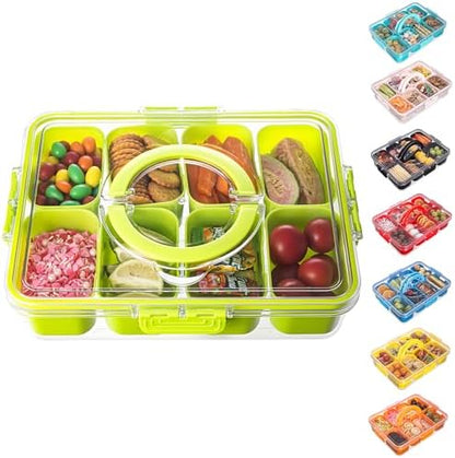 Dingerjar Divided Serving Tray with Lid and Handle - Snackle Box Charcuterie Container for Portable Snack Platters Organizer for Candy, Fruits, Nuts, Snacks - Perfect for Party, Entertaining, Green