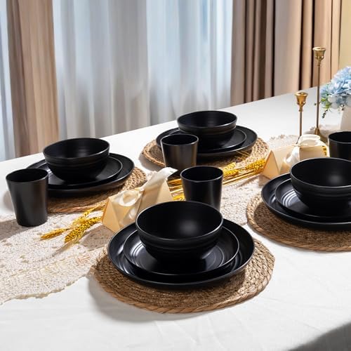 LIYH 24Pcs Black Unbreakable Wheat Straw Dinnerware Set for Kitchen Camping