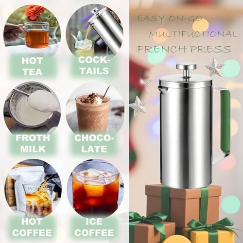600ML French Press Coffee Maker 21OZ Camping Coffee Press with Green Handle for Personal, Office, Travel(Sanding Silver, 1-3 Cups)