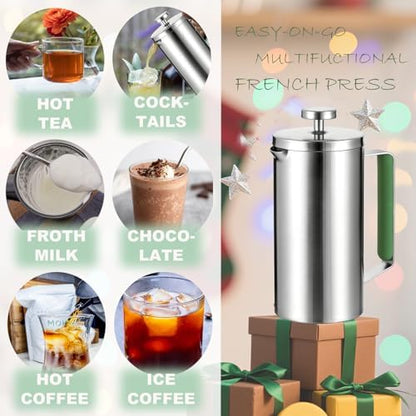 600ML French Press Coffee Maker 21OZ Camping Coffee Press with Green Handle for Personal, Office, Travel(Sanding Silver, 1-3 Cups)
