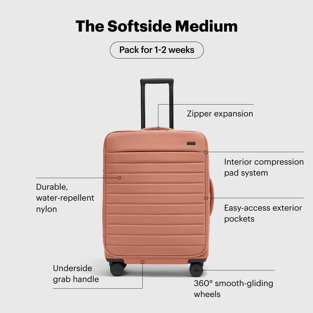 Away Softside Medium Checked Suitcase, 26 Inch Lightweight, Expandable Luggage For Men & Women, Durable Nylon Exterior, TSA Approved Lock, Ideal For Trips 1-2 Weeks, Clay Pink