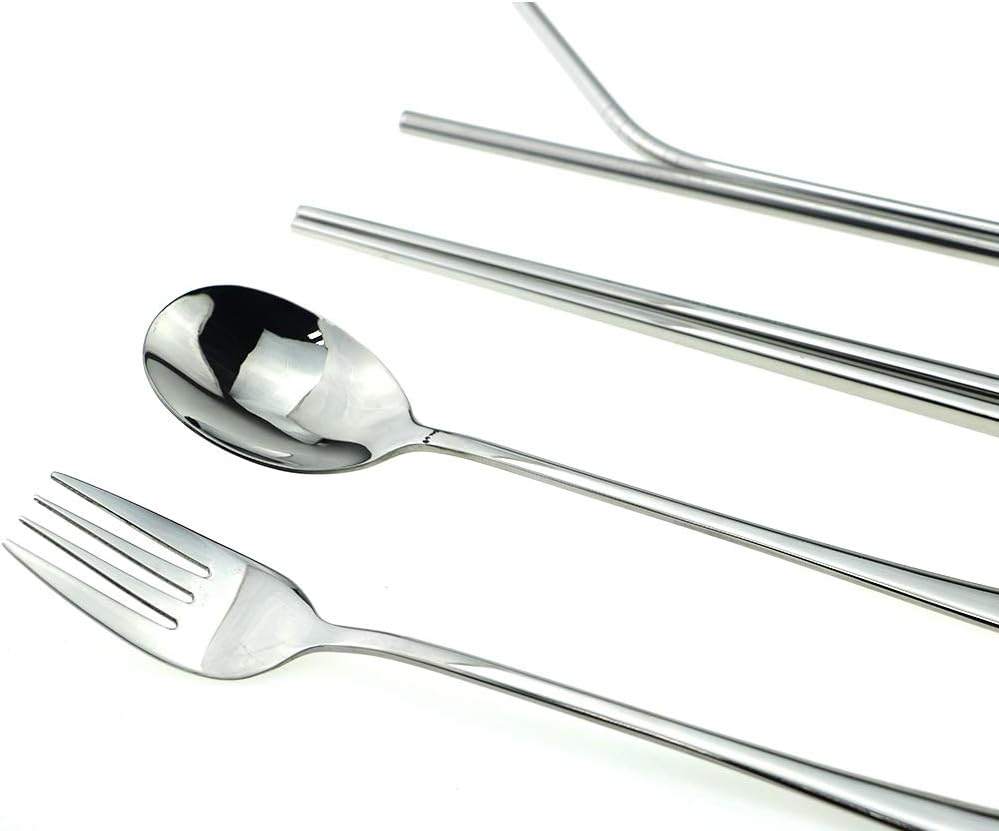 7 Pcs Portable Flatware Set, 304 Stainless Steel Cutlery Set Travel Utensils Set w/Pouch Fork Spoon Chopsticks Straws for Travel Camping Office School, Dishwasher Safe & Eco-Friendly (Silver)