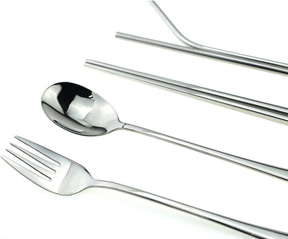 7 Pcs Portable Flatware Set, 304 Stainless Steel Cutlery Set Travel Utensils Set w/Pouch Fork Spoon Chopsticks Straws for Travel Camping Office School, Dishwasher Safe & Eco-Friendly (Silver)