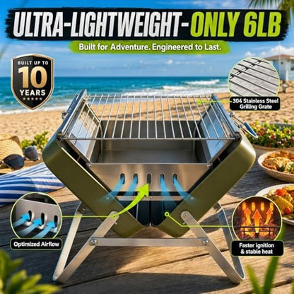 Ranger Plus Portable Charcoal Grill, Large Folding Camping BBQ