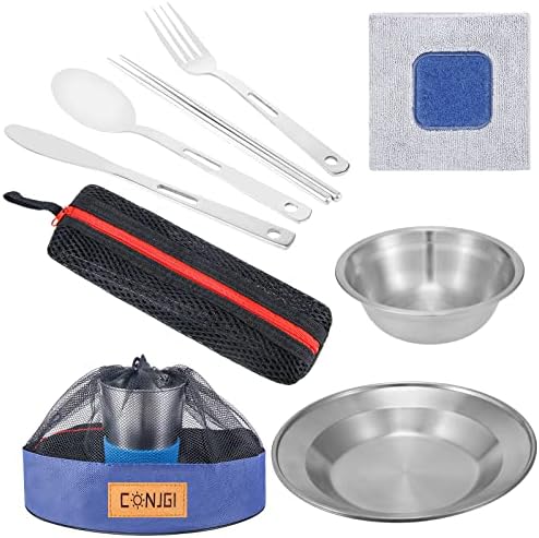 Outdoor Camping Mess Kit - 1 to 2 persons Camping Dishes Includes Cups, Bowls, Dishes, Knives, Forks, Spoons, Etc, Camping Dinnerware Set with Mesh Bag is Easy to Carry Camping Tableware Set