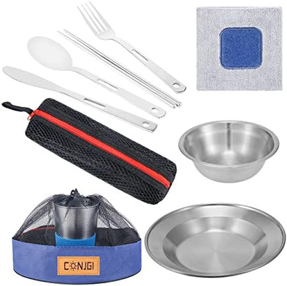 Outdoor Camping Mess Kit - 1 to 2 persons Camping Dishes Includes Cups, Bowls, Dishes, Knives, Forks, Spoons, Etc, Camping Dinnerware Set with Mesh Bag is Easy to Carry Camping Tableware Set