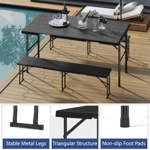 2pk Folding Table with 4 Benches Set for Camping, Picnic, Black