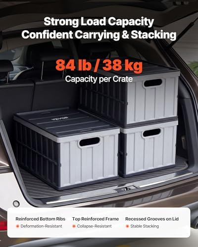 VEVOR Plastic Collapsible Storage Bins with Lids, 65L 3 Packs, Stackable Folding Storage Crates with Handles, Holds 84 lbs Per Bin, Heavy Duty Containers, Space-Saving Baskets, for Home Organizing