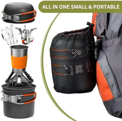aiGear 8pcs Camping Cooking Set for 1-2 People with Pot Cutlery Stove Stand