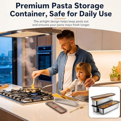 3pcs Stainless Steel Pasta Storage Containers Set with Labels and Marker, Stainless Steel Spaghetti Canisters for Pasta organizer,. Upgraded Airtight Food Containers 1.4L