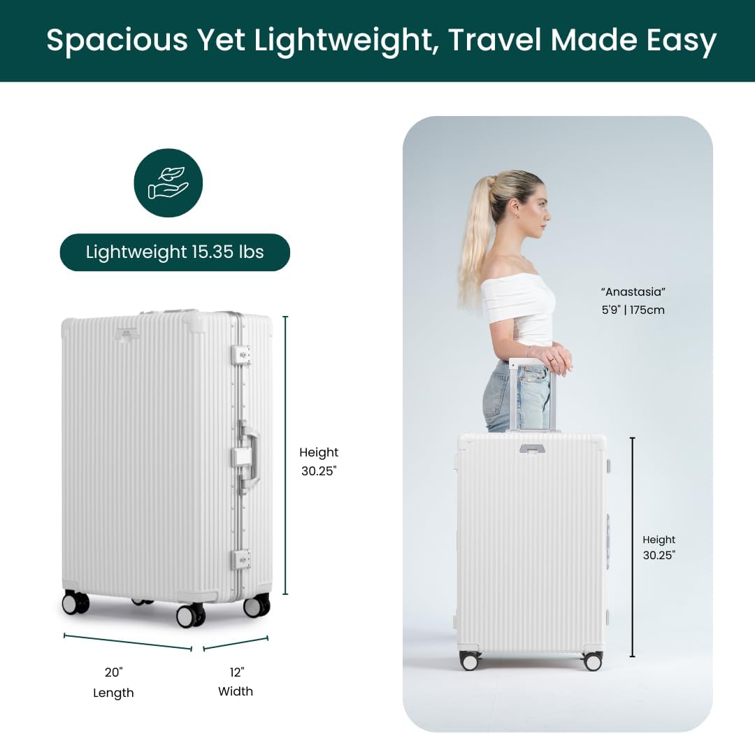 Nobl Travel Zipperless Check In Suitcase - Aluminum Frame, Check In luggage 30.2x20x12 Airline Approved by Noble Travel - Unbreakable Polycarbonate Shell - Dual TSA Locks, 360° Spinner Wheels - White