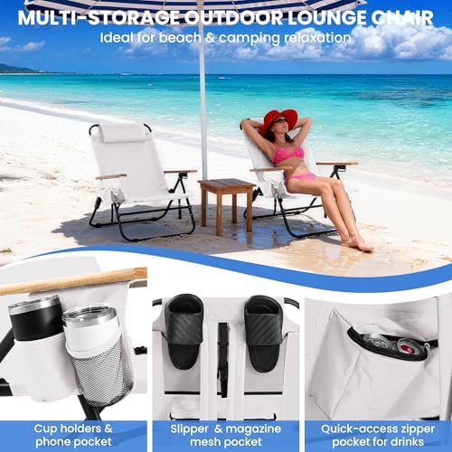 2 Pack Premium 5-Position Reclining Camping Chair - Portable Folding Lightweight Outdoor Chair with Wooden Armrests, Headrest & Pockets, 350lbs Heavy Duty for Beach, Patio, Cream White