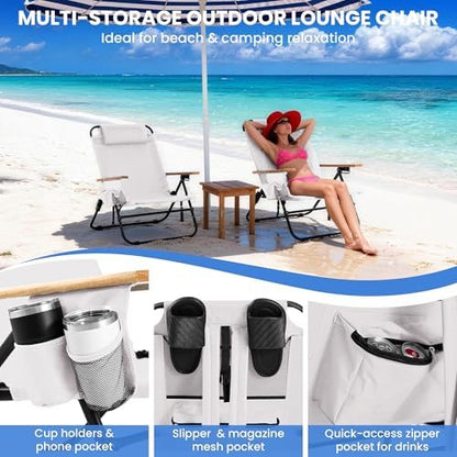 2 Pack Premium 5-Position Reclining Camping Chair - Portable Folding Lightweight Outdoor Chair with Wooden Armrests, Headrest & Pockets, 350lbs Heavy Duty for Beach, Patio, Cream White