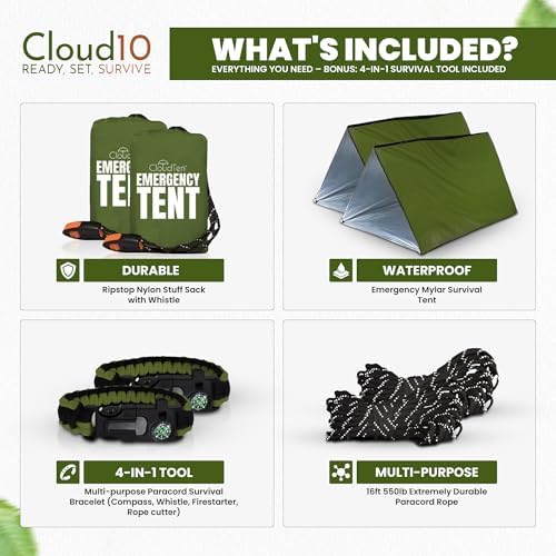 CloudTen Emergency Tent: Lightweight 2 Person Survival Tent with Multi-Function Paracord Bracelets - Essential Survival Gear & Bug Out Bag Items for Preppers, Hikers, Survivalists, Campers, Boy Scouts