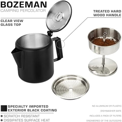 COLETTI Bozeman Black Percolator Coffee Pot — Camping Coffee Pot — America’s Sleekest Percolator – NO Aluminum or Plastic [6 cup]