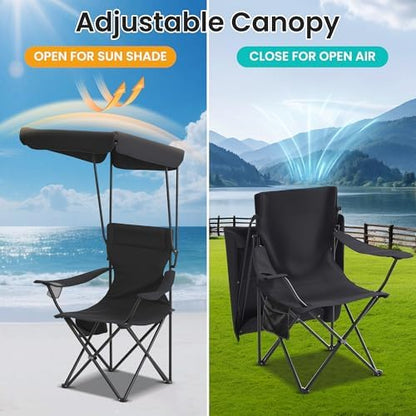 Portable Camping Chair 4 Pack with Foldable Canopy, Folding Outdoor Chair with Cup Holder & Side Pocket for Camping, Hiking, Picnic, Beach (Black)