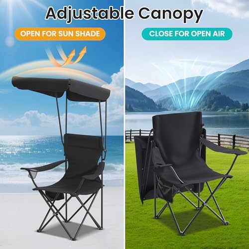 Portable Camping Chair 2 Pack with Foldable Canopy, Folding Outdoor Chair with Cup Holder & Side Pocket for Camping, Hiking, Picnic, Beach (Black)
