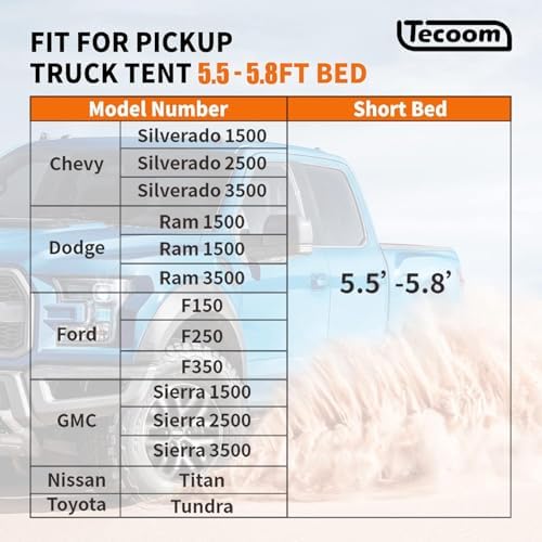 Tecoom Truck Bed Tent, Double Layer Waterproof PU3000mm for 5.5-6.7ft, Portable 1-3 Person Compact Full Size Pickup with Rain Fly for Outdoor, Camping, Road Trip, Beach